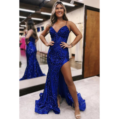 Sexy & Hot Sparkly Sequins Applique Spaghetti Straps Mermaid Side Slit Evening Prom Dress