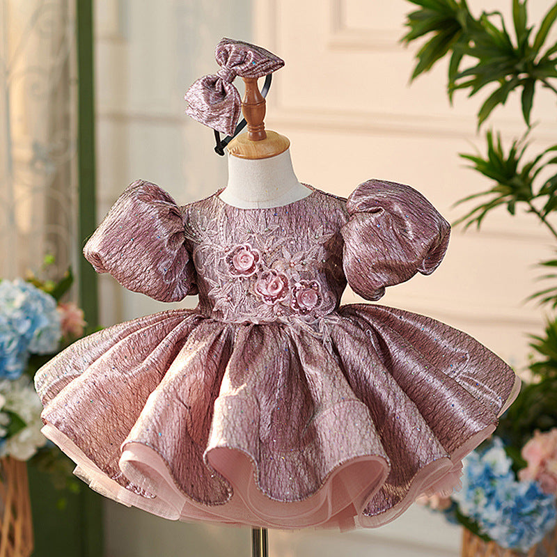 Jacquard Knee-length 1st Birthday Party Baby Girl Dress