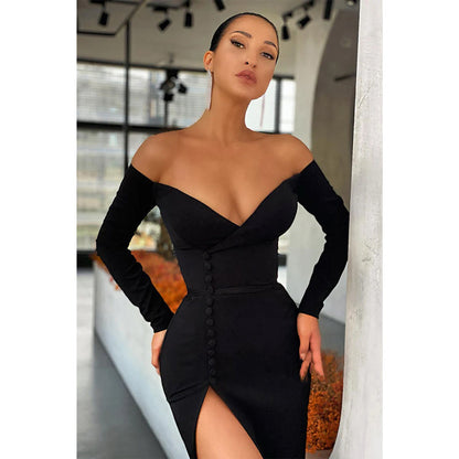 Plunging V-neck Long Sleeves Sheath Black Formal Evening Gowns