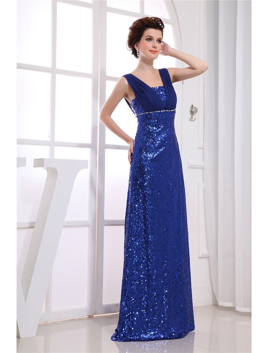 Sheath / Column Sparkle Wedding Guest Engagement Formal Evening Dress V Neck Sleeveless Floor Length Chiffon with Beading