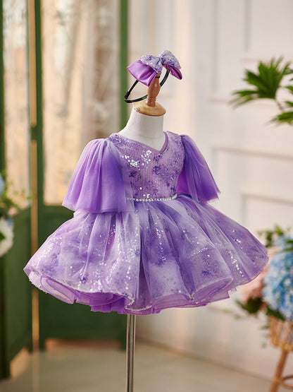 Purple Sequins Tulle Knee-length Baby Girl Dress