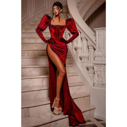 Sheath Scoop Beads Long Sleeves Burgundy Formal Evening Gowns