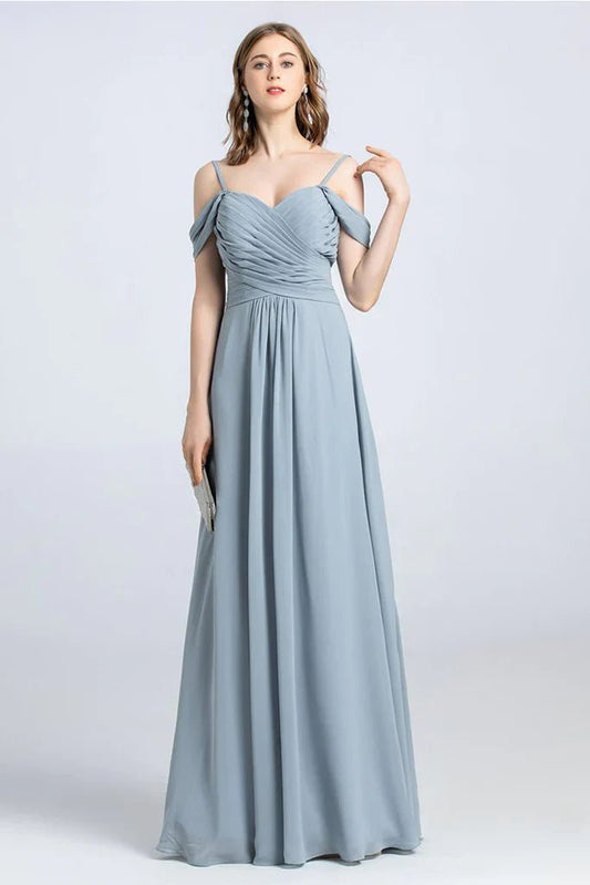 NumberSea - Addyson A - Line/Princess Spaghetti Straps Off The Shoulder Natural Waist Chiffon Sleeveless Floor Length Bridesmaid Dresses