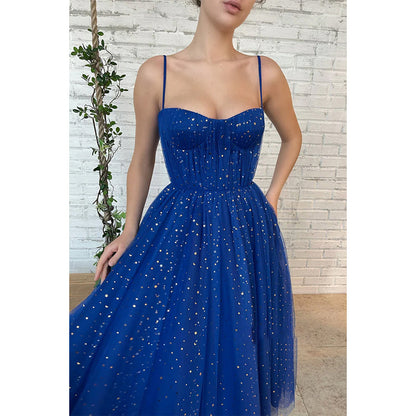 Spaghetti Straps Star Tulle Sparkly Prom Dress with Pockets