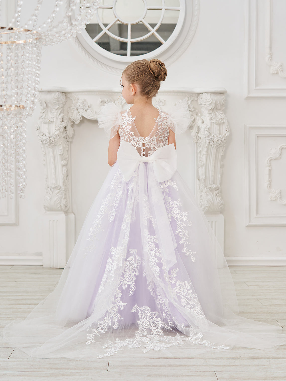 Detachable  Lace Tulle Sweep Train Flower Girl Dress