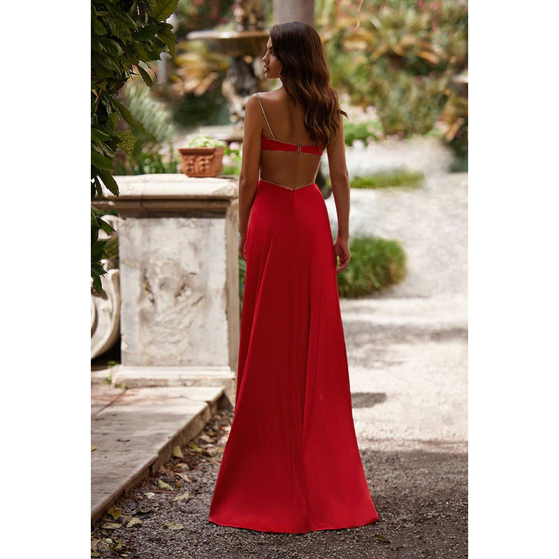 V-Neck Spaghetti Straps Cut outs Satin Sheath Prom Formal Gown