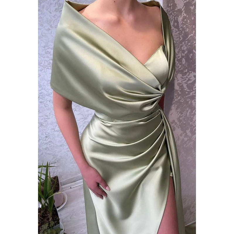 Sheath/Column V-Neck Sleeveless Ruched Satin Prom Evening Formal Dress