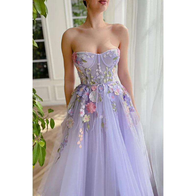 Strapless Floral Appliqued Tulle A-Line Long Prom Evening Dress