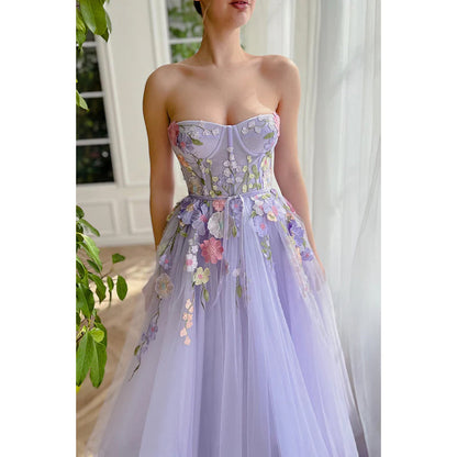 Strapless Floral Appliqued Tulle A-Line Long Prom Evening Dress