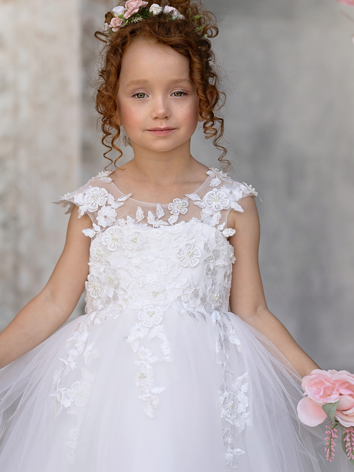 Ivory Princess Gown with Lace Appliques and Tulle Bow | Short Sleeve Ankle-Length Tulle Flower Girl Dress