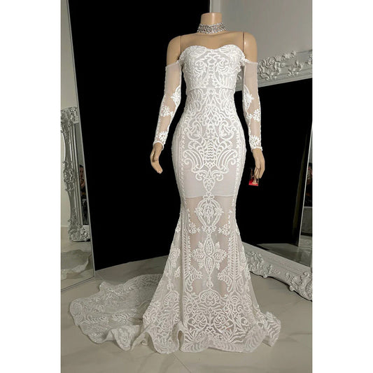 Trumpet/Mermaid Off-Shoulder Long Sleeves Lace Applique Formal Prom Dress