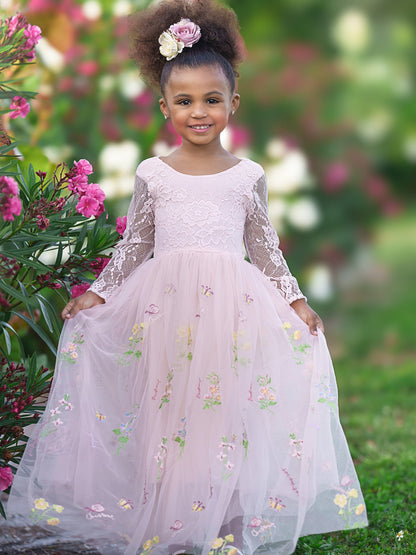 Floral Lace Embroidered Tulle A-Line Floor Length Garden Flower Girl Dress