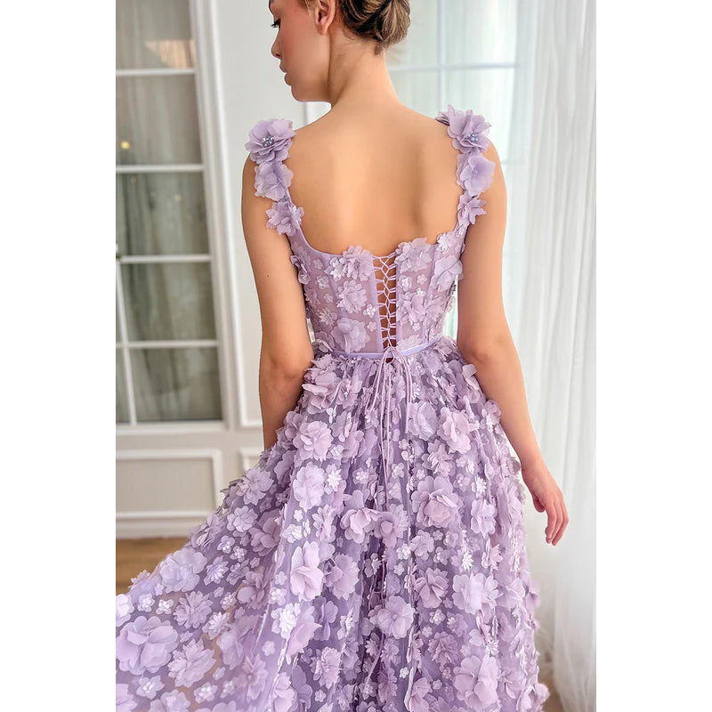 Glamorous & Dramatic Straps Square A-line Formal Party Prom Dress With Flower