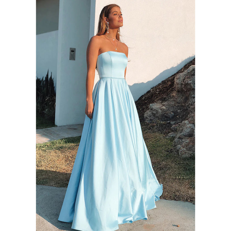 Strapless Sky Blue Satin A-line Long Prom Dress