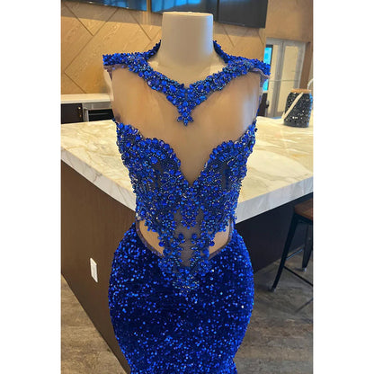 Glamorous & Dramatic V-Neck Sleeveless Sequins Royal Blue Mermaid Evening Prom Dress