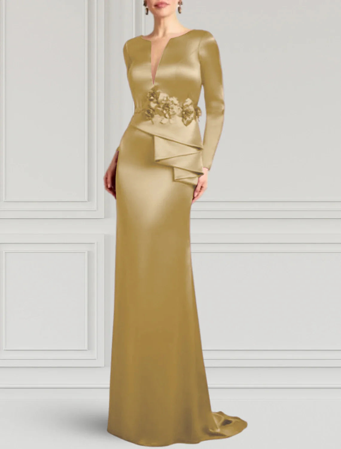 Sheath / Column Evening Gown Elegant Dress Formal Wedding Guest Sweep / Brush Train Long Sleeve V Neck Satin with Appliques