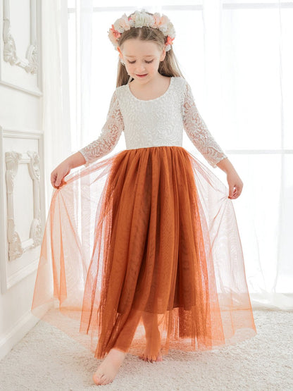 NumberSea - Angelic White Lace A - Line Long Sleeve Tulle Flower Girl Dress