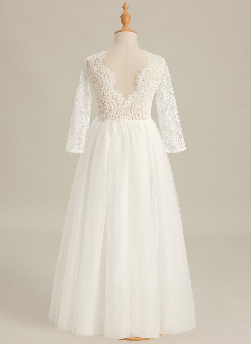 NumberSea - Angelic White Lace A - Line Long Sleeve Tulle Flower Girl Dress