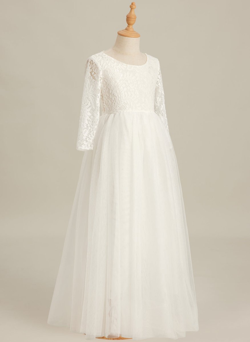 NumberSea - Angelic White Lace A - Line Long Sleeve Tulle Flower Girl Dress