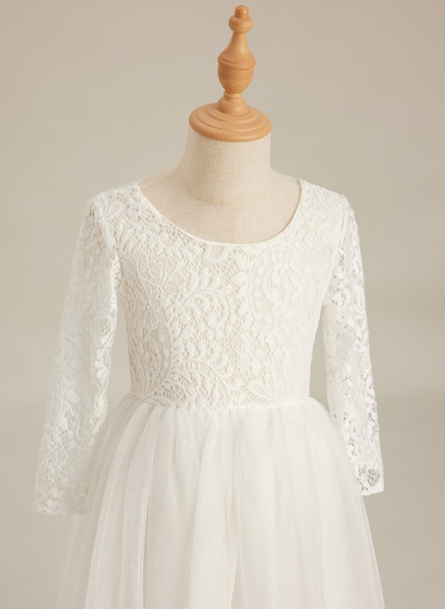 NumberSea - Angelic White Lace A - Line Long Sleeve Tulle Flower Girl Dress