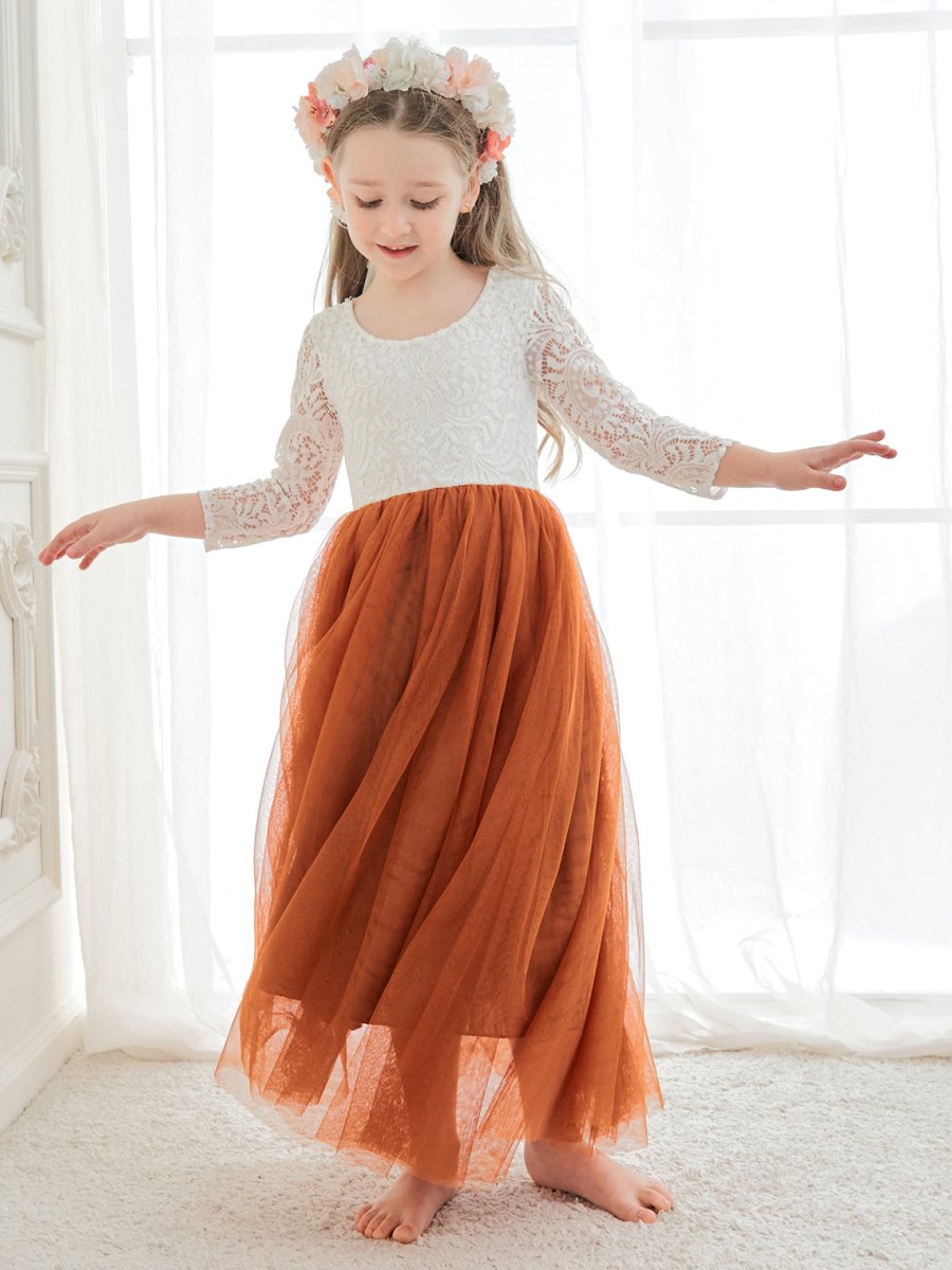 NumberSea - Angelic White Lace A - Line Long Sleeve Tulle Flower Girl Dress