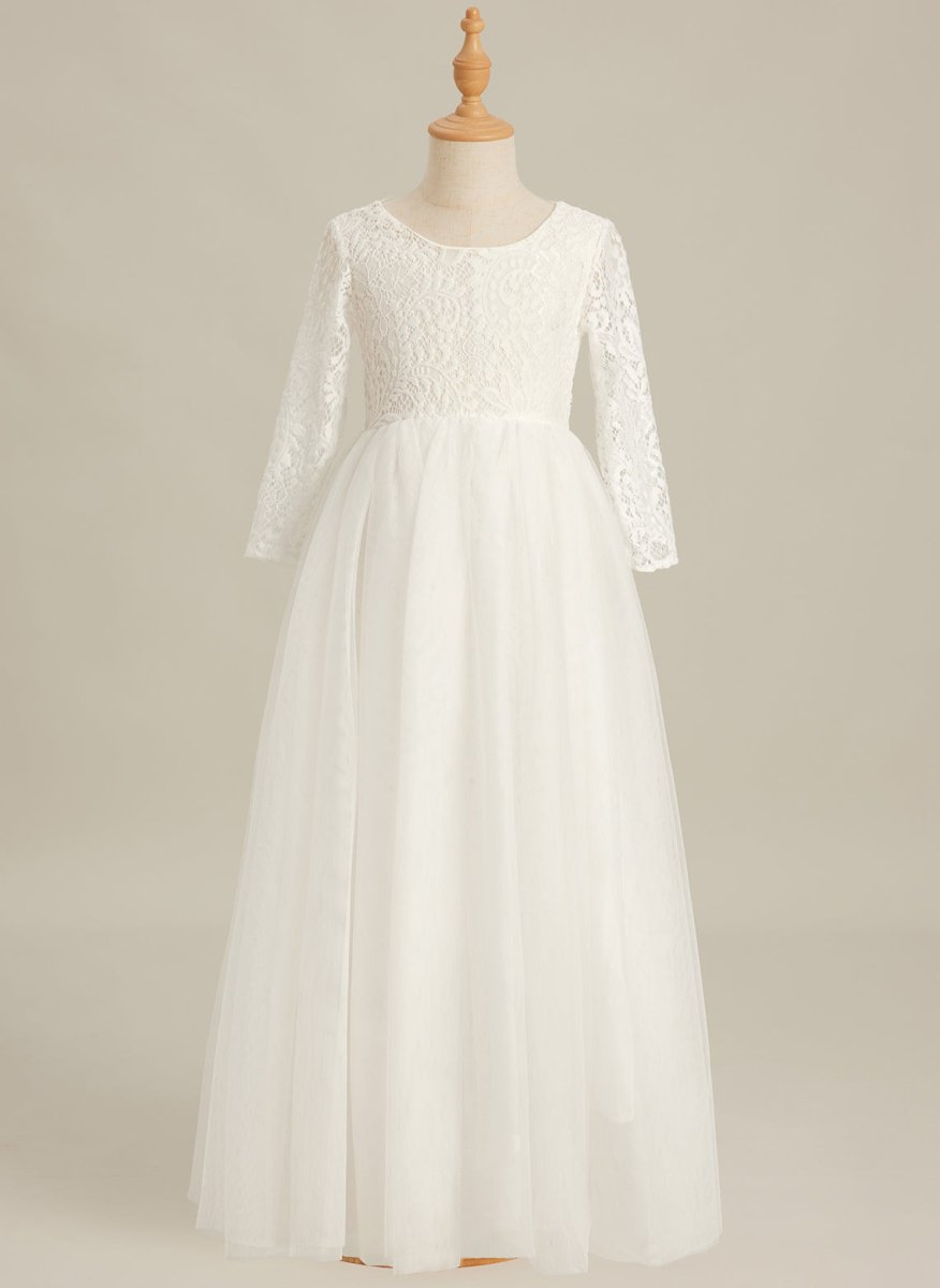 NumberSea - Angelic White Lace A - Line Long Sleeve Tulle Flower Girl Dress