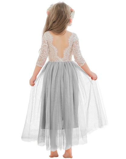 NumberSea - Angelic White Lace A - Line Long Sleeve Tulle Flower Girl Dress