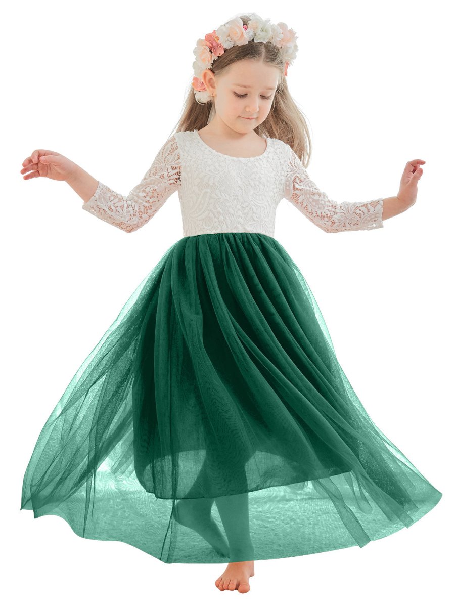 NumberSea - Angelic White Lace A - Line Long Sleeve Tulle Flower Girl Dress