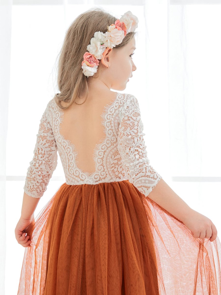 NumberSea - Angelic White Lace A - Line Long Sleeve Tulle Flower Girl Dress