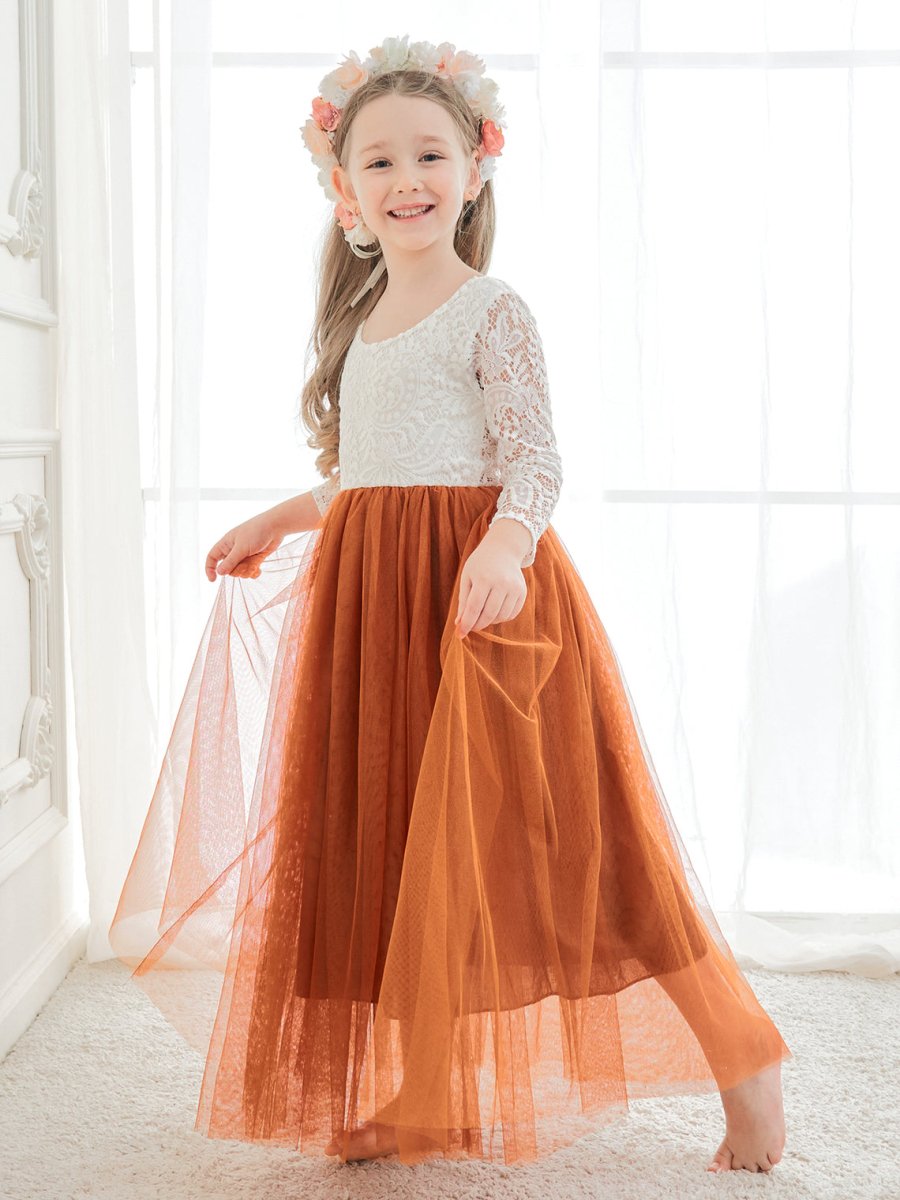 NumberSea - Angelic White Lace A - Line Long Sleeve Tulle Flower Girl Dress