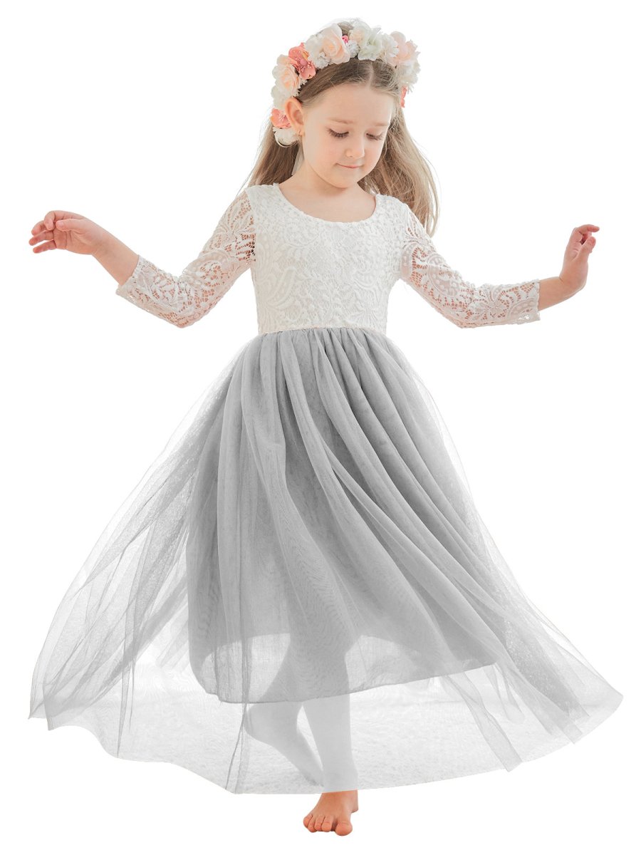 NumberSea - Angelic White Lace A - Line Long Sleeve Tulle Flower Girl Dress