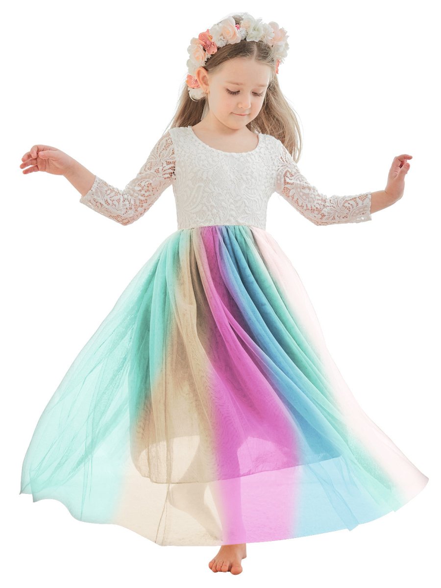 NumberSea - Angelic White Lace A - Line Long Sleeve Tulle Flower Girl Dress