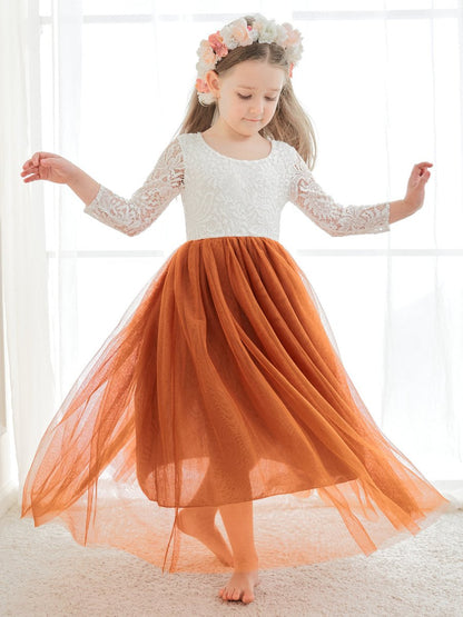 NumberSea - Angelic White Lace A - Line Long Sleeve Tulle Flower Girl Dress