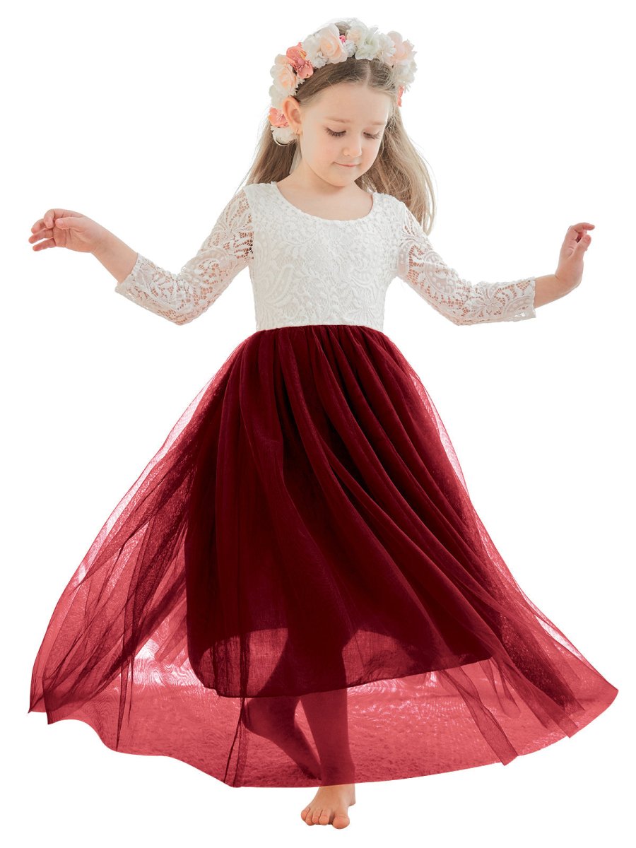 NumberSea - Angelic White Lace A - Line Long Sleeve Tulle Flower Girl Dress