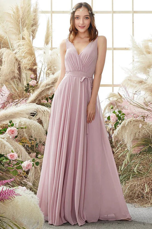 NumberSea - Angelique Floor Length Natural Waist Sleeveless Chiffon A - Line/Princess V - Neck Bridesmaid Dresses