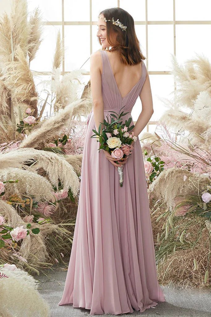 NumberSea - Angelique Floor Length Natural Waist Sleeveless Chiffon A - Line/Princess V - Neck Bridesmaid Dresses