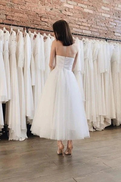 NumberSea - Ankle Length Strapless Tulle Satin Wedding Dresses