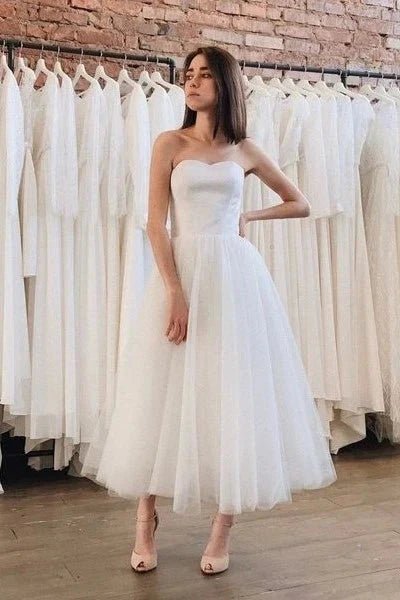 NumberSea - Ankle Length Strapless Tulle Satin Wedding Dresses