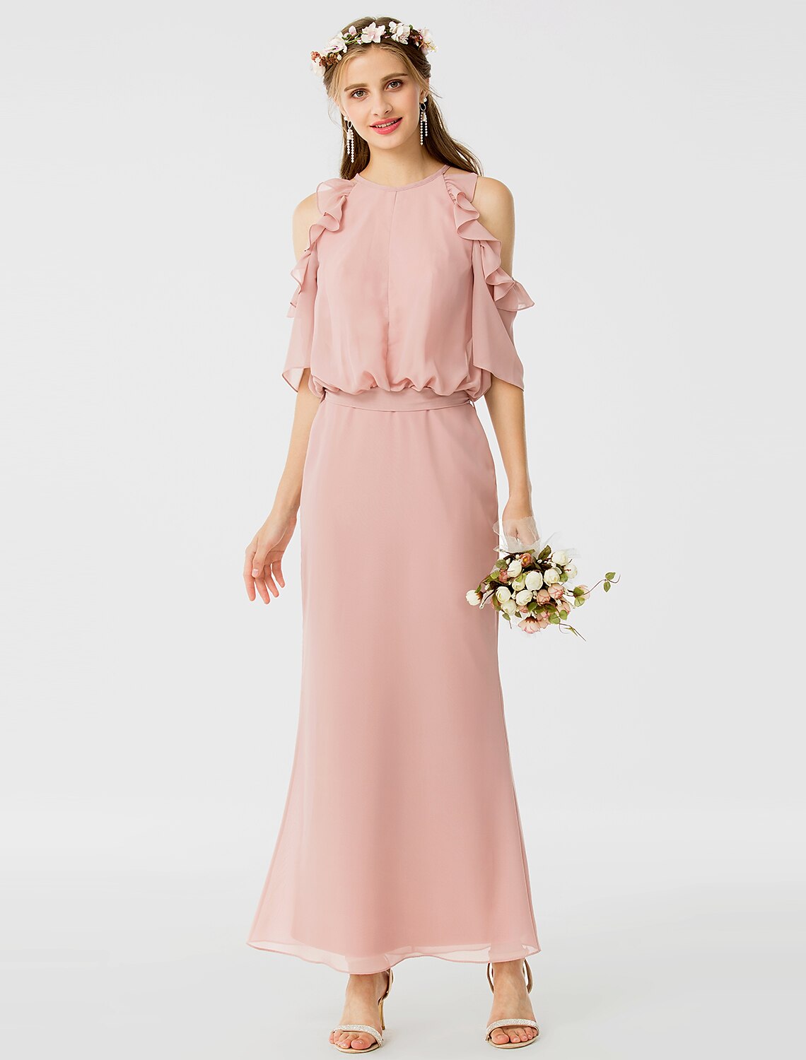 Sheath / Column Bridesmaid Dress Jewel Neck Short Sleeve Elegant Ankle Length Chiffon with Sash / Ribbon / Ruffles