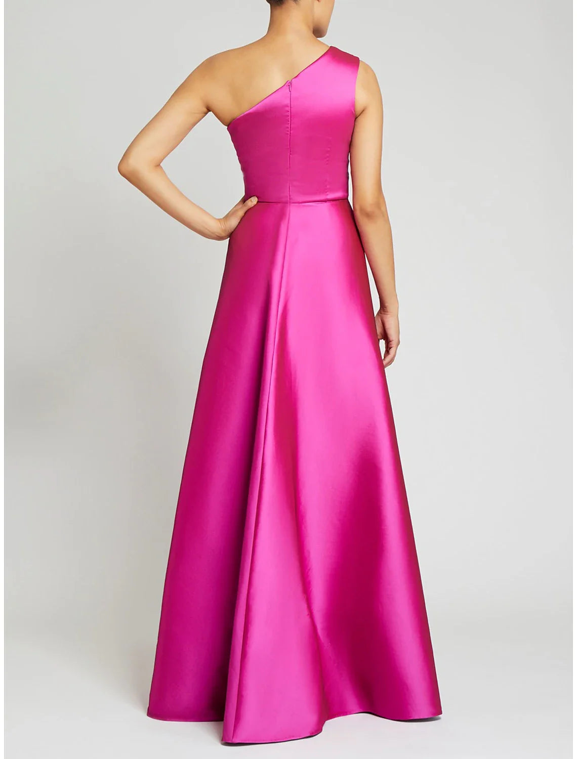 Sheath / Column Evening Gown Hot Pink Dress Wedding Guest Floor Length Sleeveless One Shoulder Satin with Overskirt Pure Color