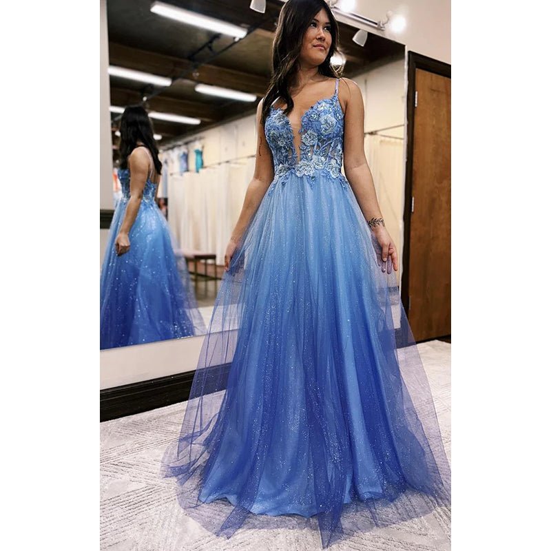 NumberSea - Appliques Spaghetti Straps Ombre Glitter Tulle Long Prom Evening Dress