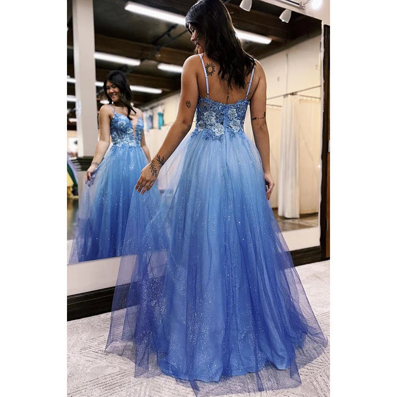 NumberSea - Appliques Spaghetti Straps Ombre Glitter Tulle Long Prom Evening Dress