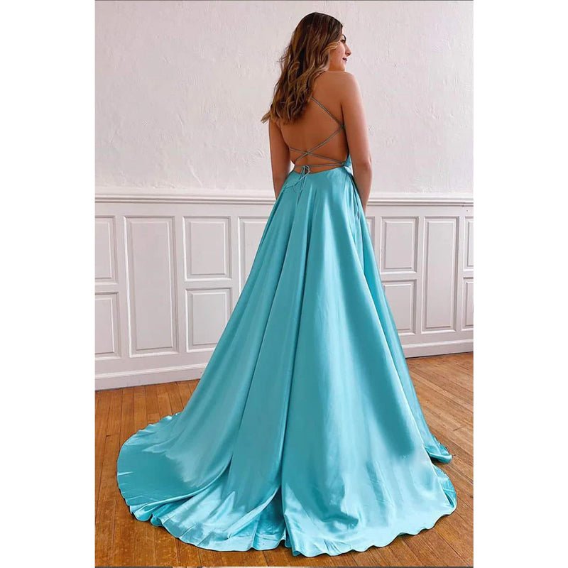 NumberSea - Aqua Satin V - neck Spaghetti Straps A - line Simple Prom Dress with Slit