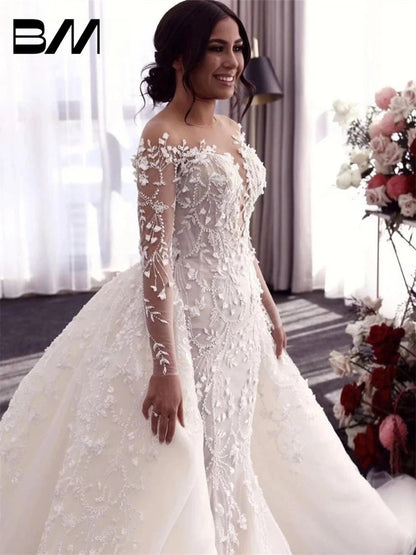 NumberSea - Arabic Long Sleeve Wedding Dresses With Detachable Train Lace Appliques Romantic Bride Dress Vestidos De Novia Robe De mariee