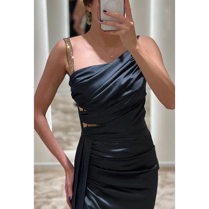 NumberSea - Asymmetrical Ruched Cut Outs Satin Sheath Long Prom Evening Gown