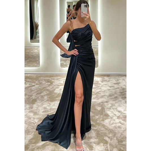 NumberSea - Asymmetrical Ruched Cut Outs Satin Sheath Long Prom Evening Gown