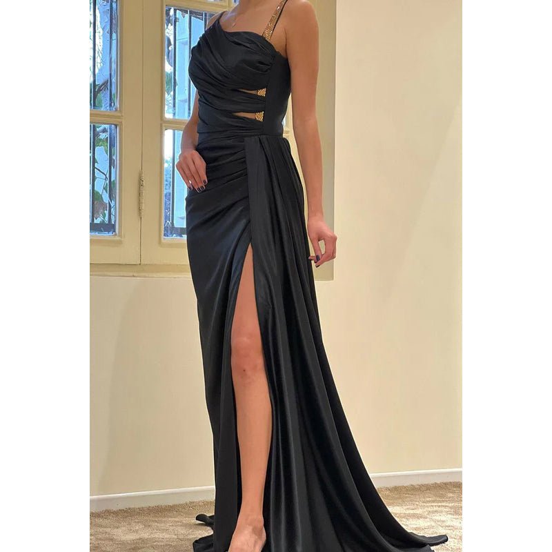 NumberSea - Asymmetrical Ruched Cut Outs Satin Sheath Long Prom Evening Gown