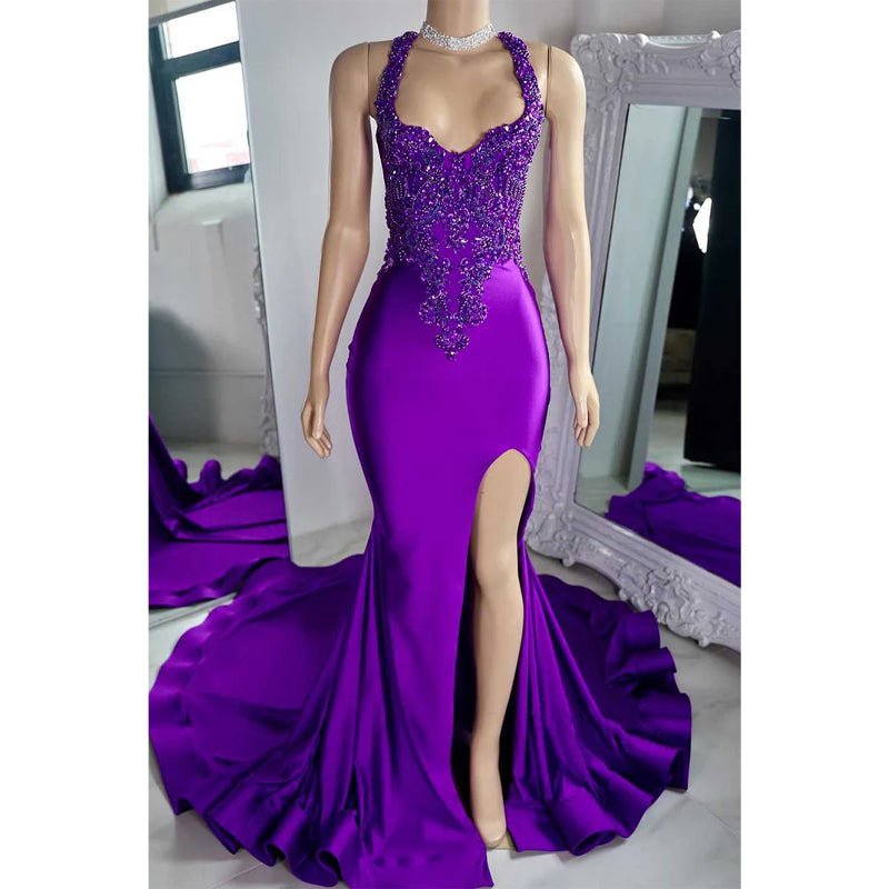 NumberSea - Asymmetrical Spaghetti Straps Beaded Appliques with Side Slit Party Prom Evening Dress