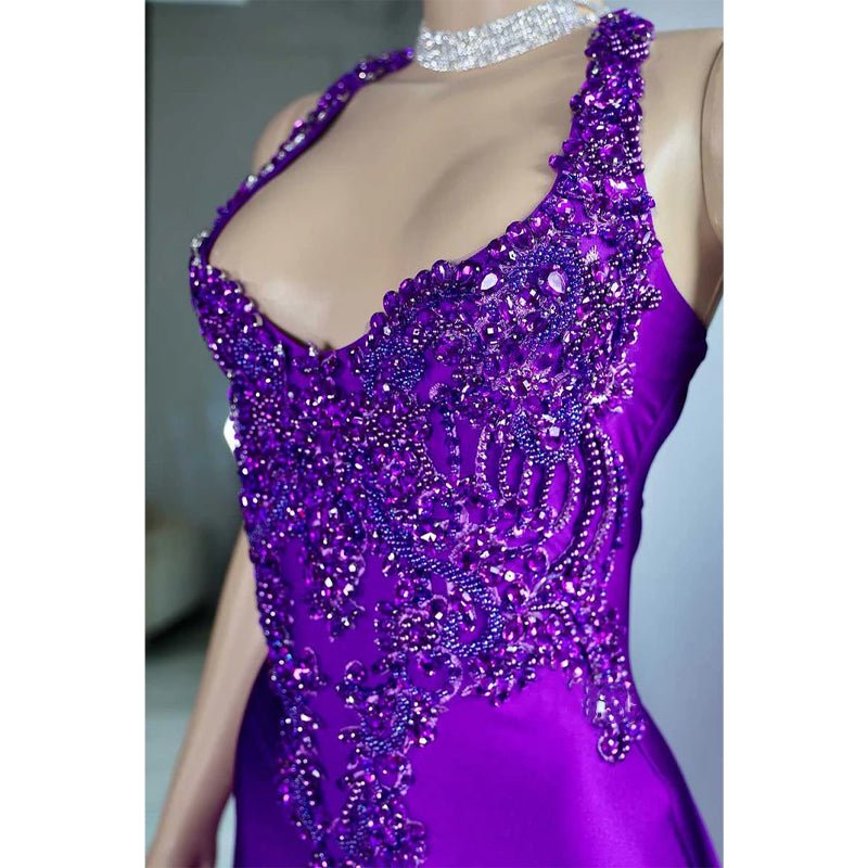 NumberSea - Asymmetrical Spaghetti Straps Beaded Appliques with Side Slit Party Prom Evening Dress