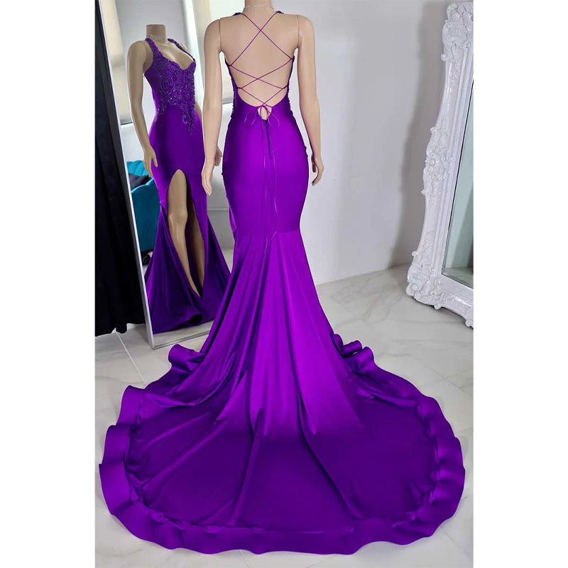 NumberSea - Asymmetrical Spaghetti Straps Beaded Appliques with Side Slit Party Prom Evening Dress